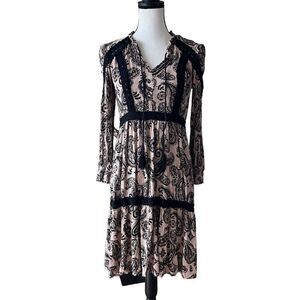 Knox Rose Midi Dress Womens Medium Beige Black Paisley Crochet Lace Boho Tassel